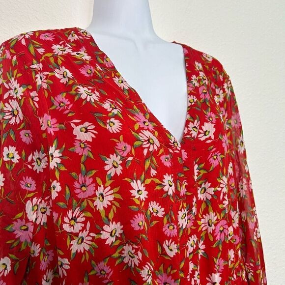 Draper James RSVP Women’s Red Floral Long Sleeve V Neck Midi Dress Size L - Picture 6 of 15